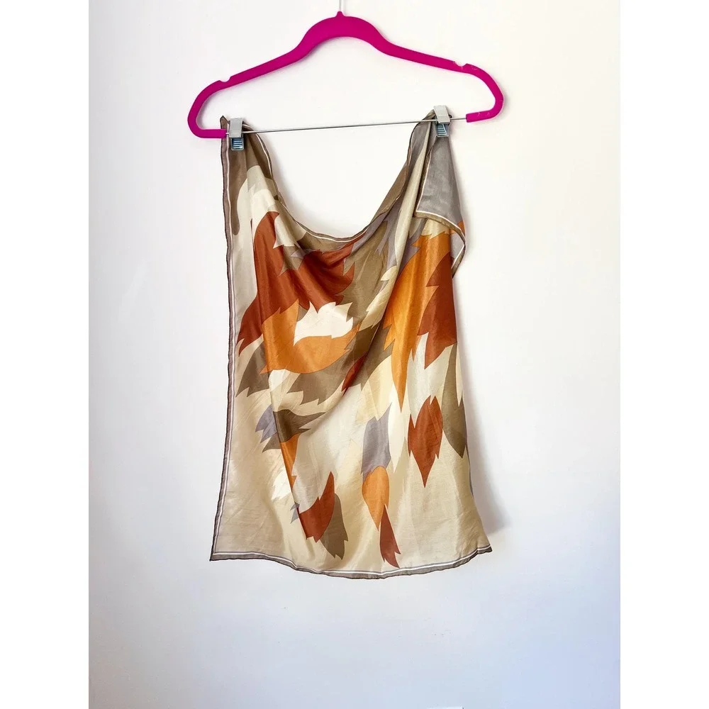 Vintage‎ Abstract Leaf Print Square Silk Scarf Tan Rust Grey Earth Tones 28x29